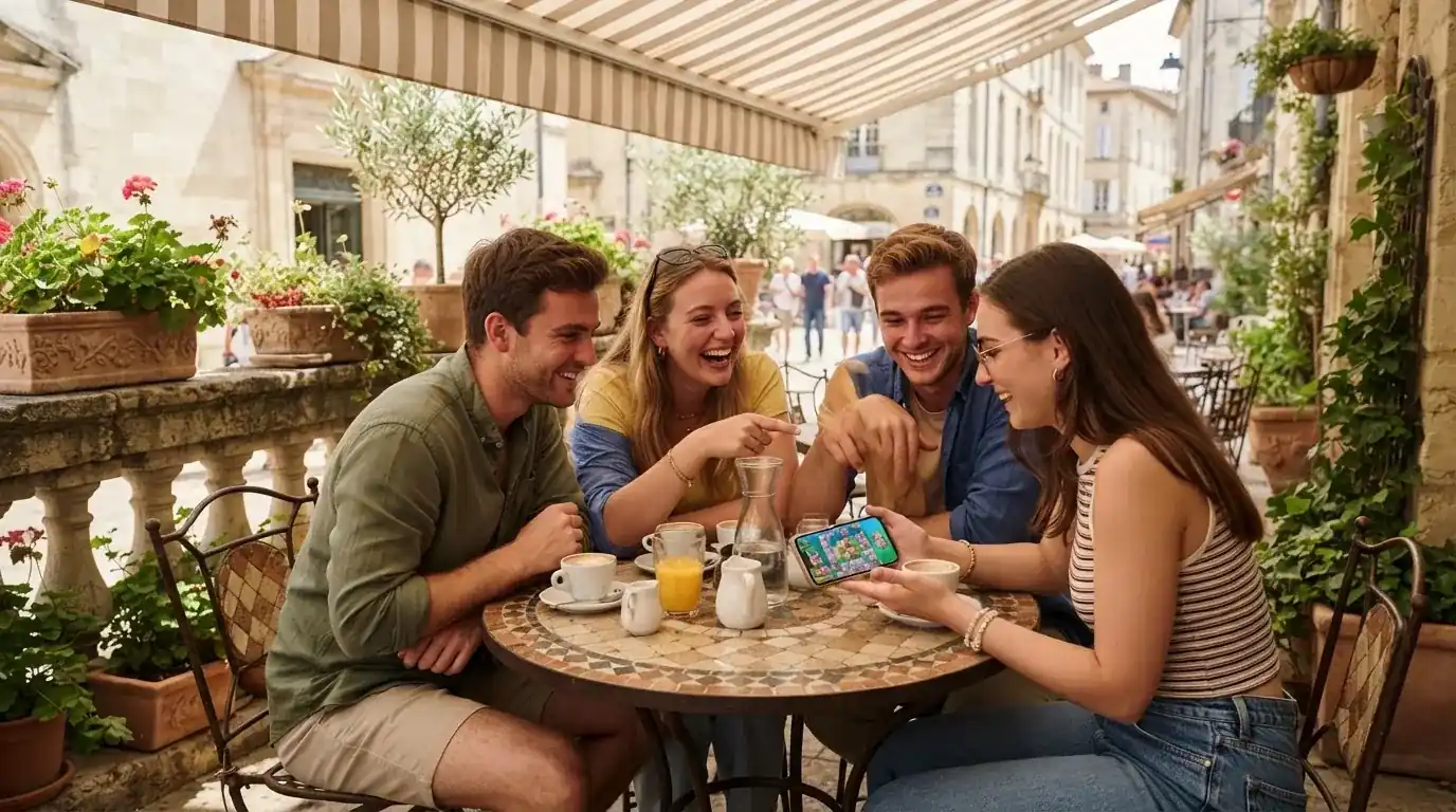 Un grupo de personas conversa en la terraza de una cafetería soleada con tazas sobre la mesa.