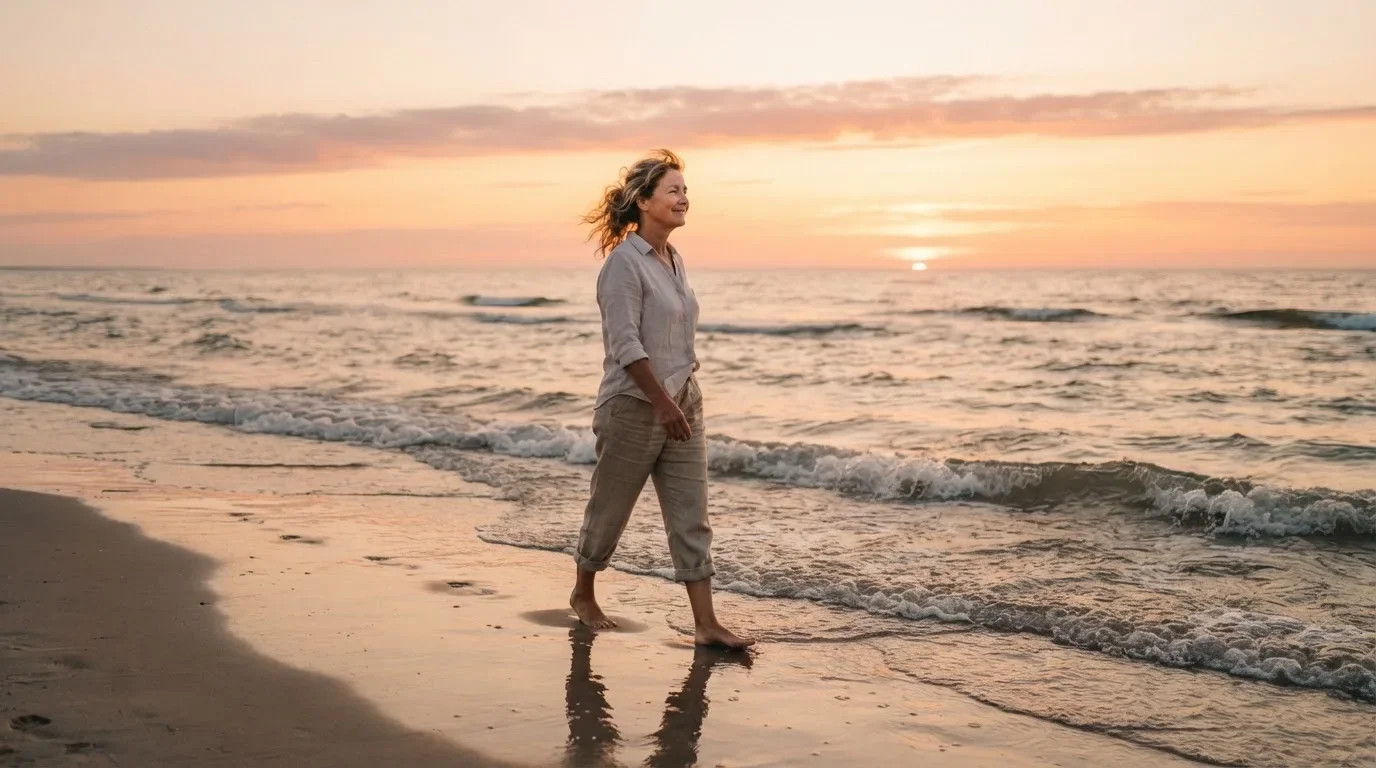 Una persona camina por la orilla del mar al atardecer, descalza y con expresión tranquila.